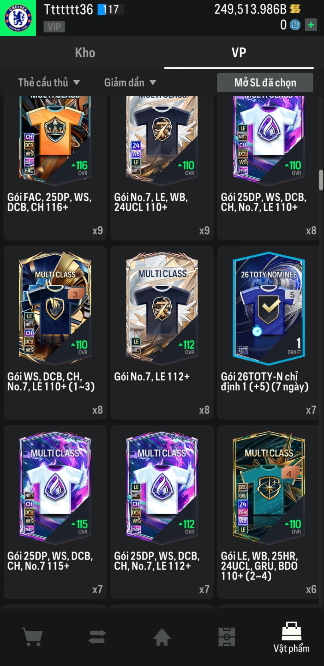 Ảnh ACC mở thẻ (LOẠI SVIP PROMAX) bao gồm có 02 thẻ +12, 04 thẻ PRIME (QH+, CP+, XS+, HĐ+) và hơn 1600+ thẻ cầu thủ từ Siêu sao đến Miền núi các loại. Acc có sẵn BP trắng từ 230.000 tỷ BP đến 250.000 tỷ BP kèm theo nhiều ngày SVIP